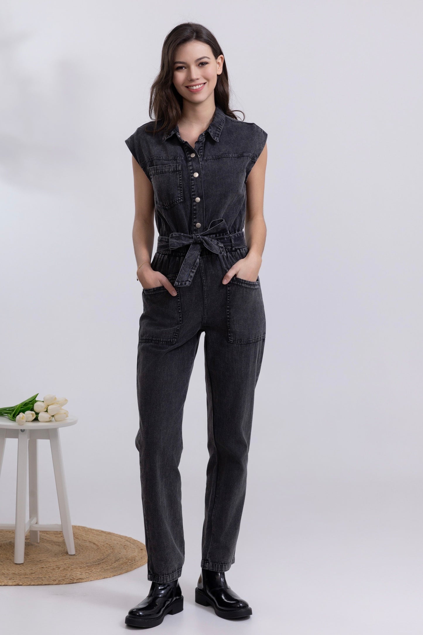 Molly short sleeve black wash black jumpsuit