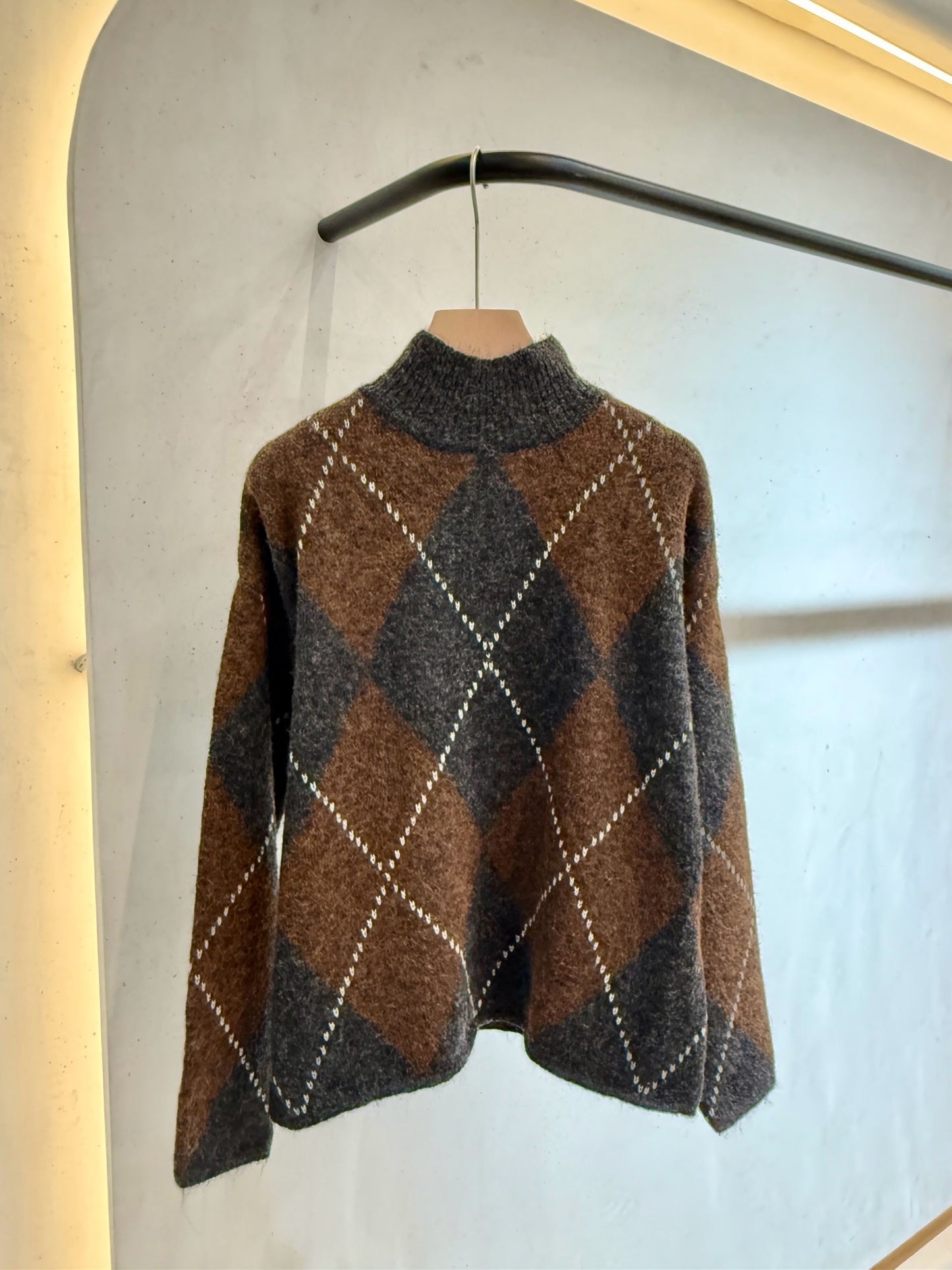 Argyle grey & brown polo jumper