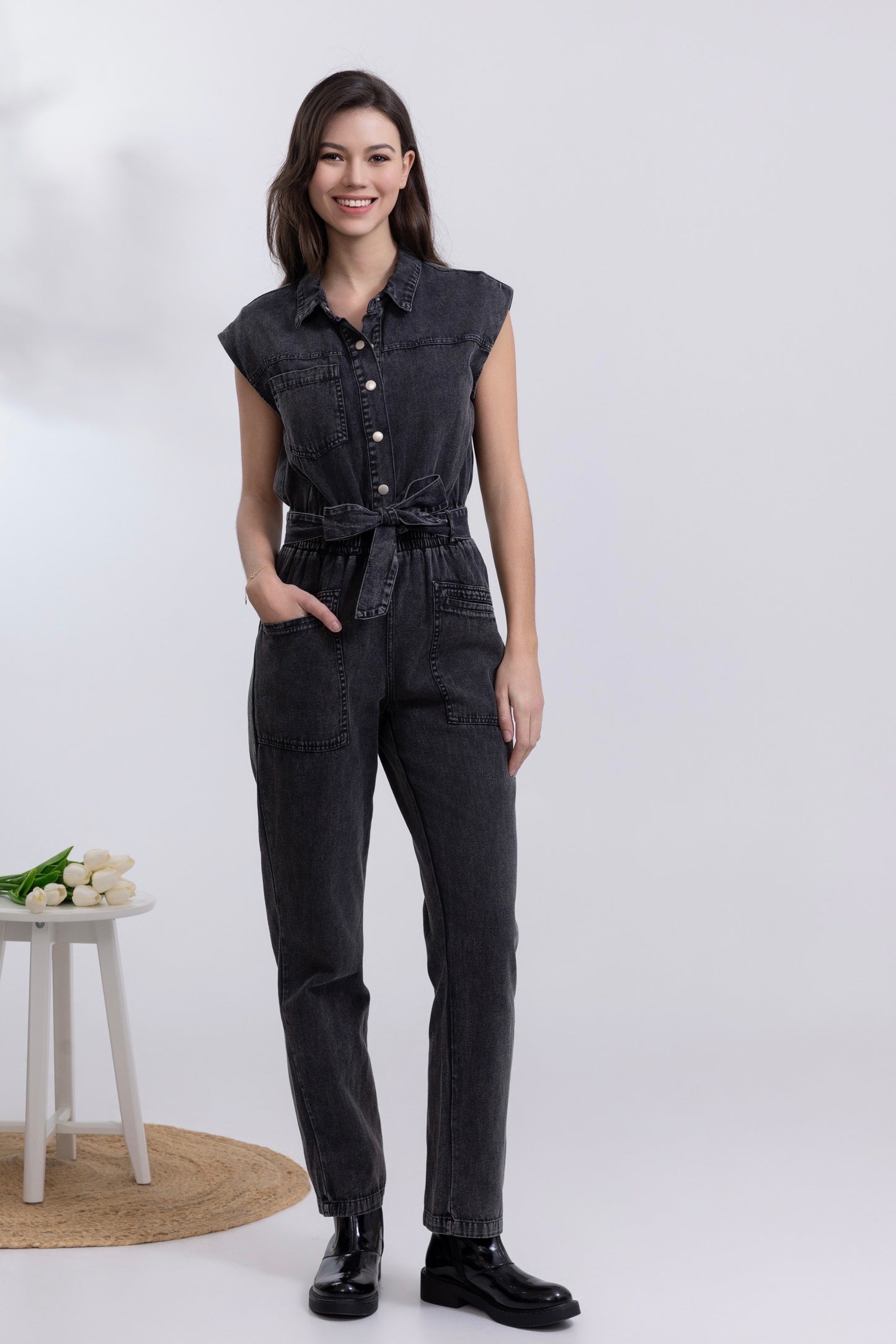 Molly short sleeve black wash black jumpsuit