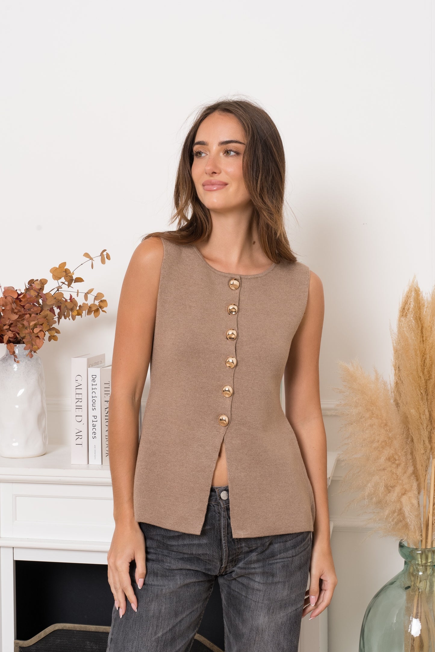 Waistcoat gold buttons taupe