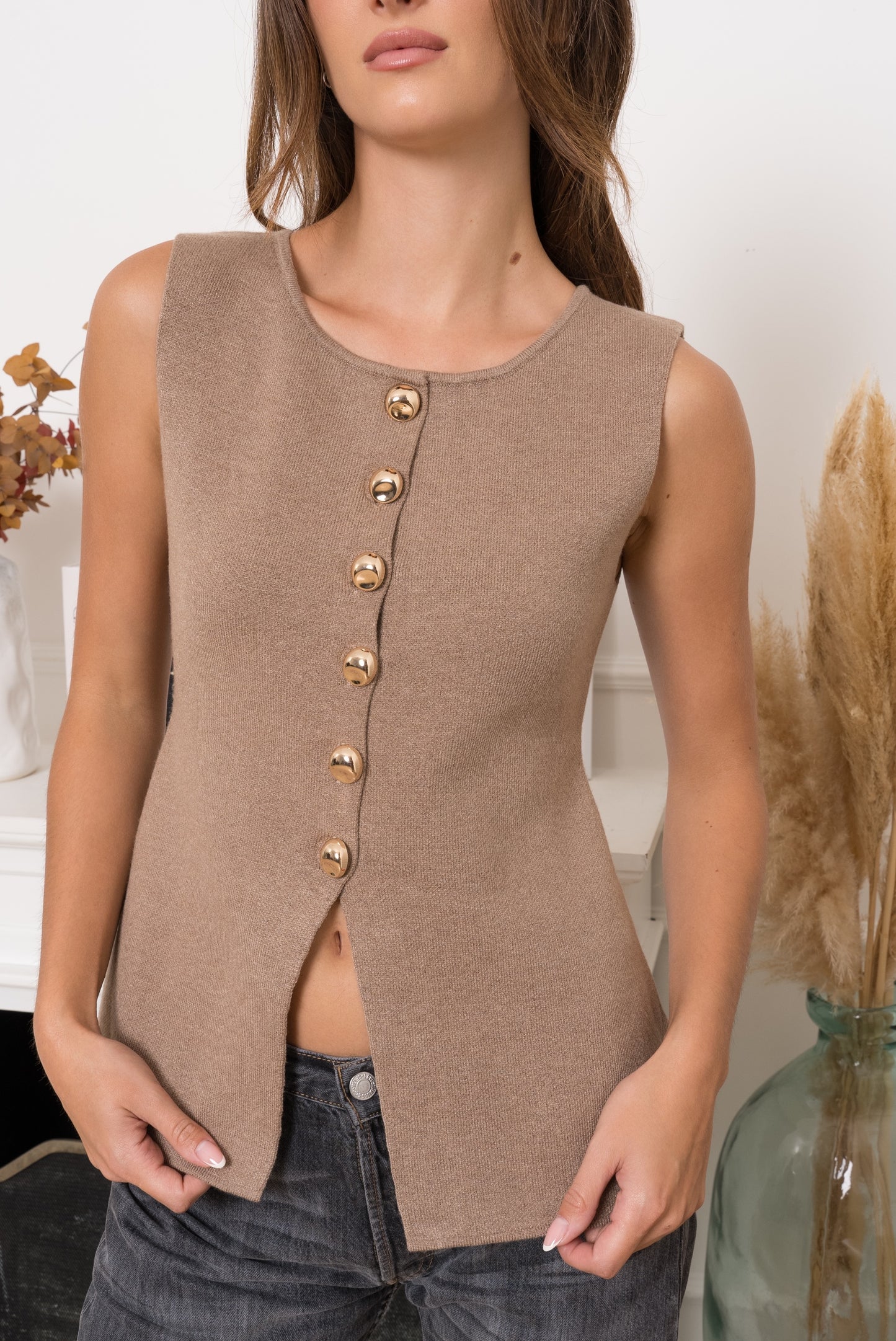 Waistcoat gold buttons taupe