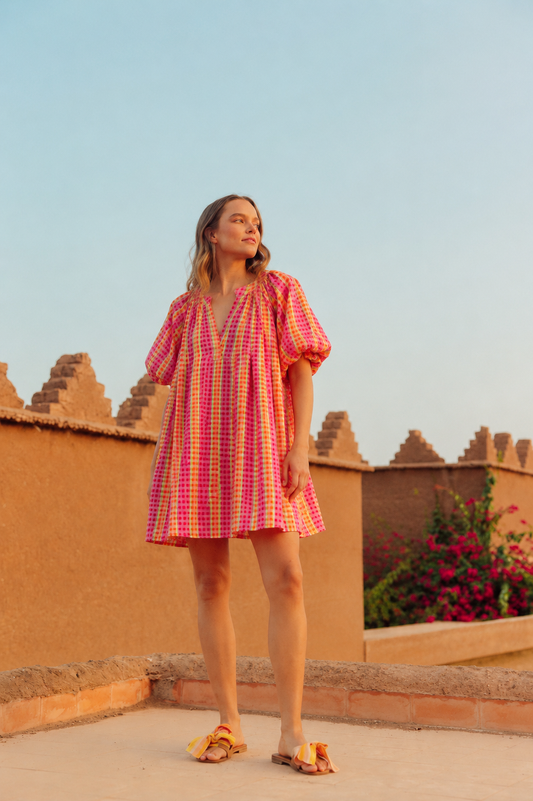 Jessie orange gingham balloon sleeve dress