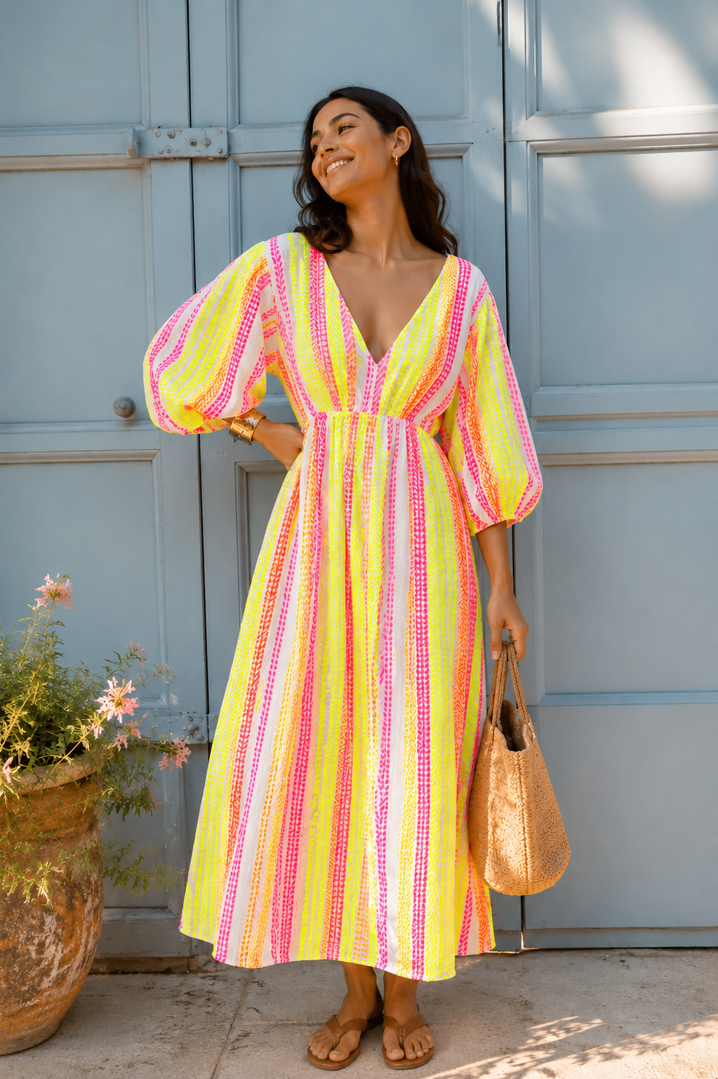 Harper neon yellow stripe midi dress