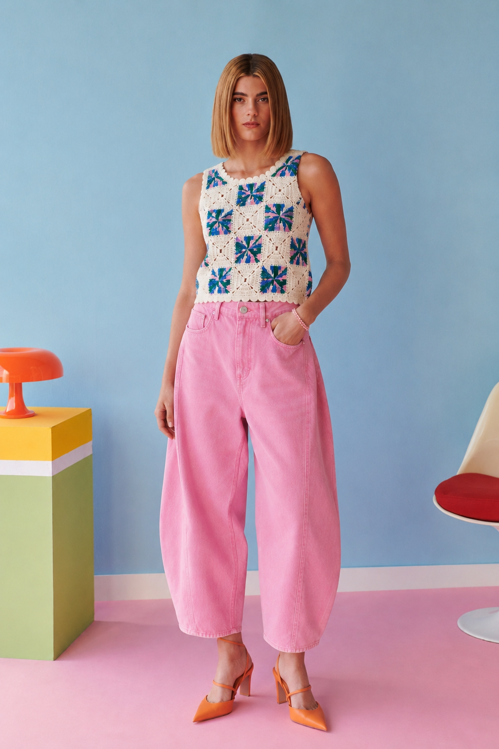 Tori pink and blue crochet top