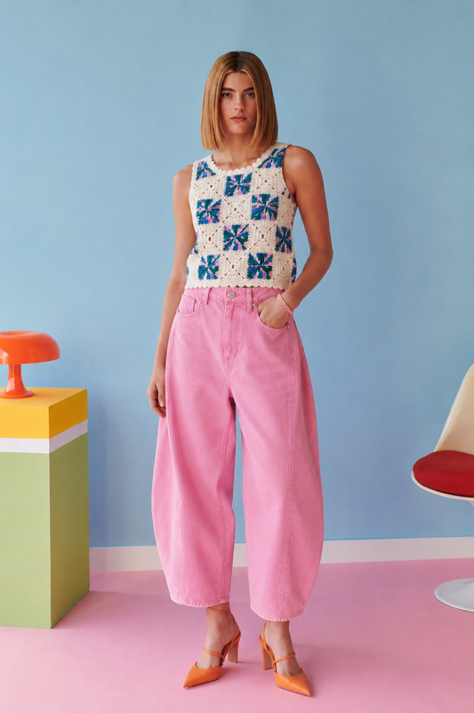 Tori pink and blue crochet top