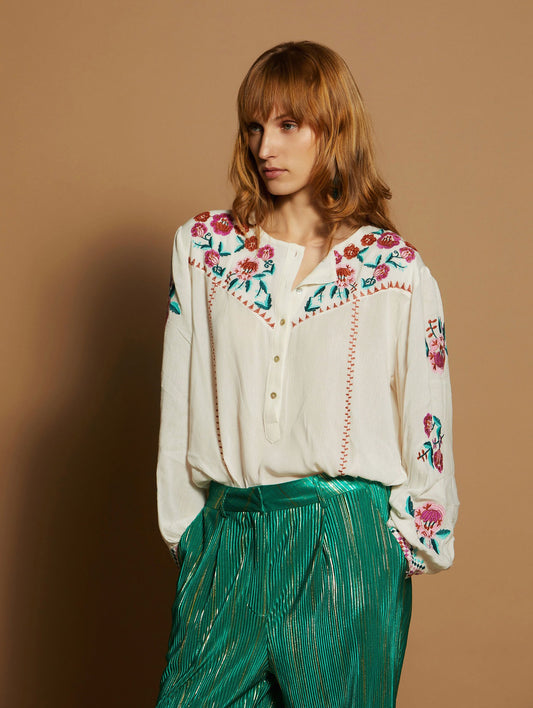 Bambula white blouse with floral embroidery