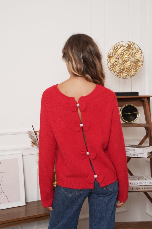 Isla red jumper with embellished bow tie