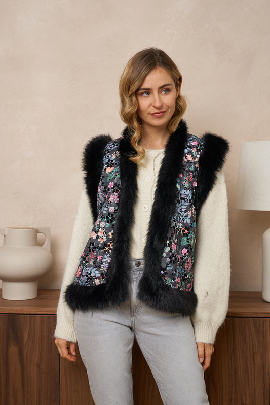 Embroidered fur lined gilet