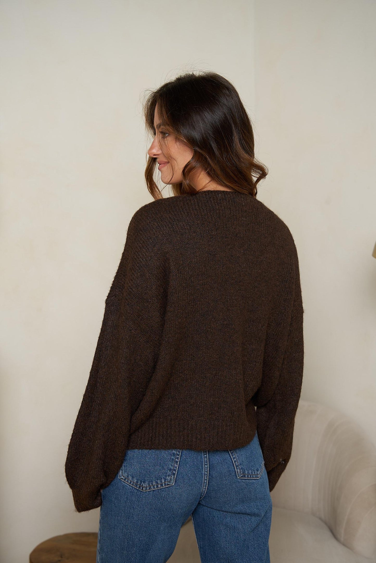 Chocolate brown v neck fluffy jumper