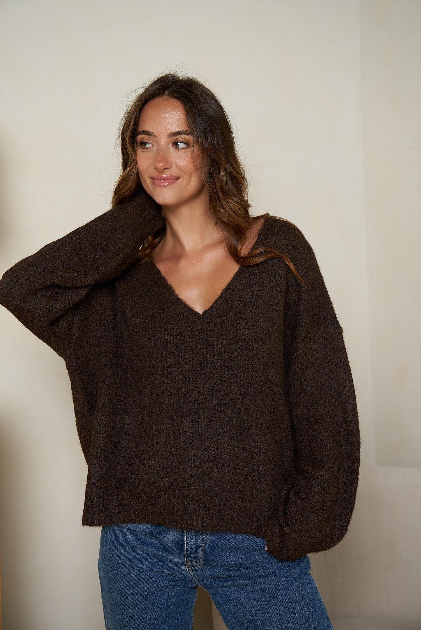 Chocolate brown v neck fluffy jumper