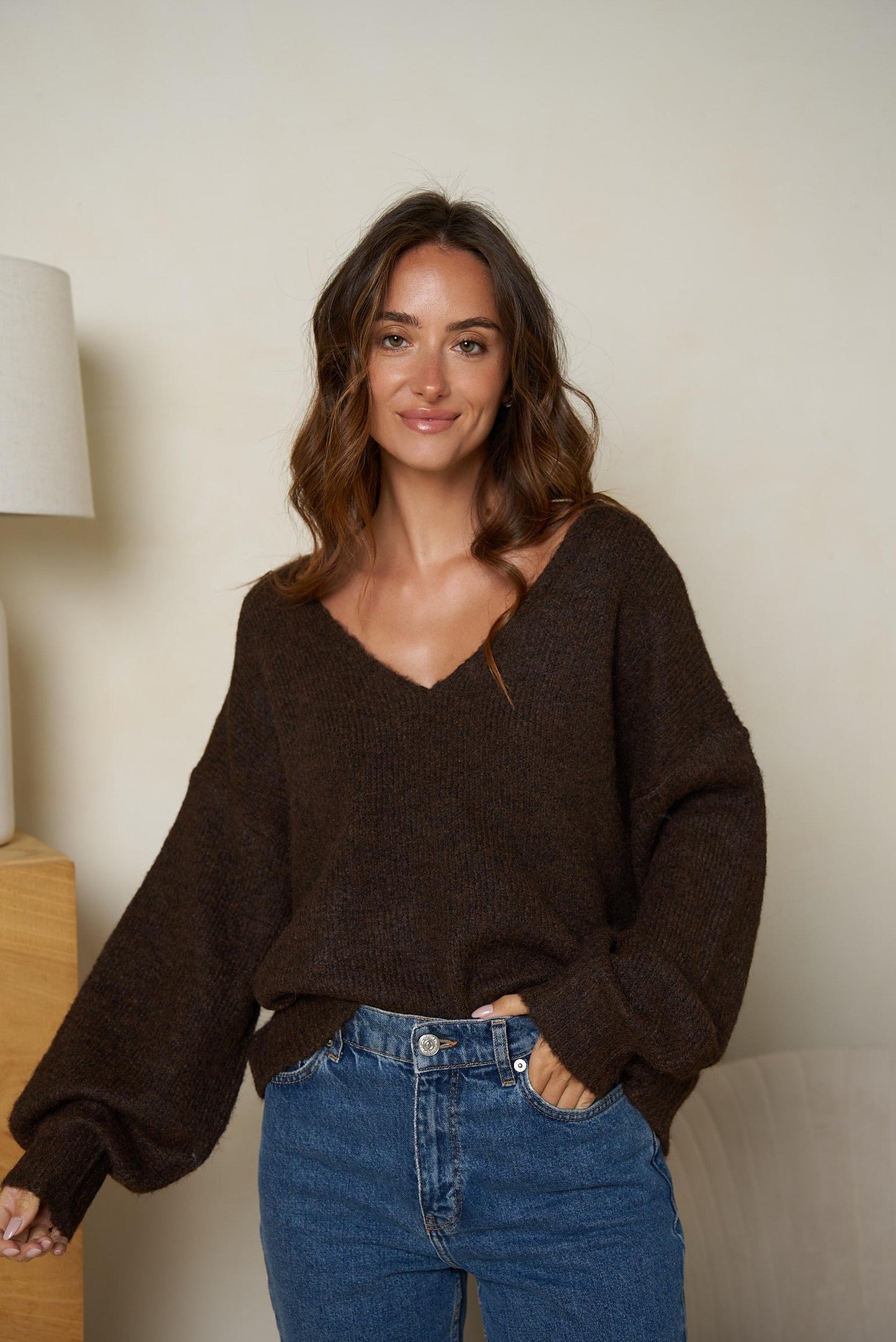 Chocolate brown v neck fluffy jumper