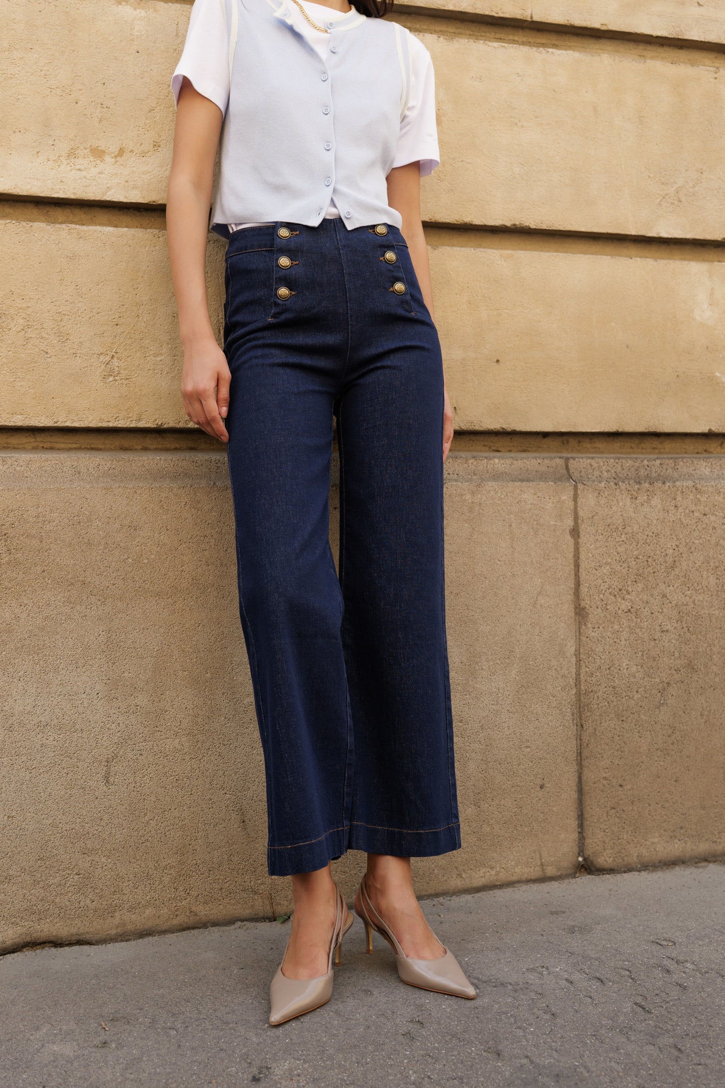 Navy blue wide leg jeans with front gold buttons
