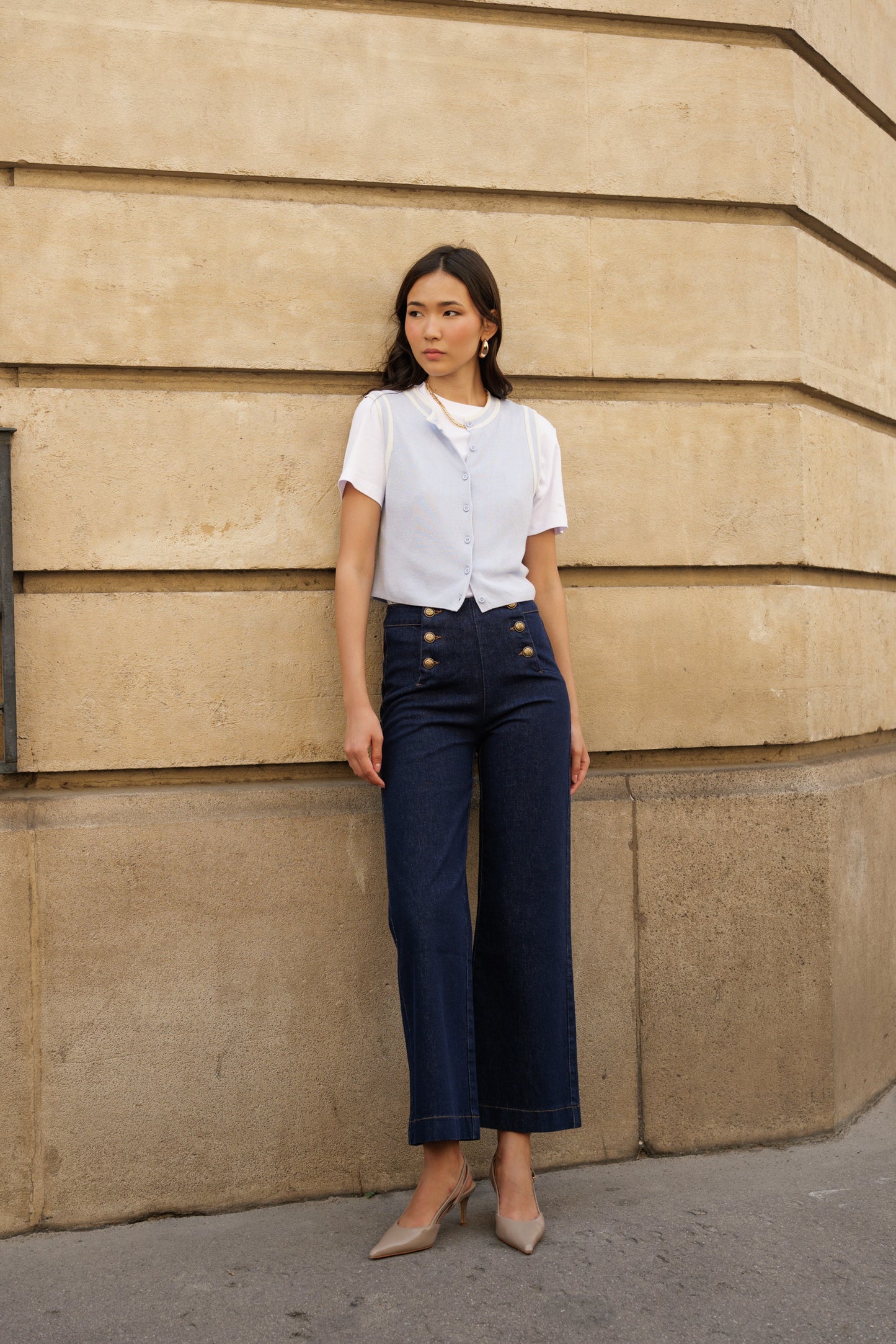 Navy blue wide leg jeans with front gold buttons