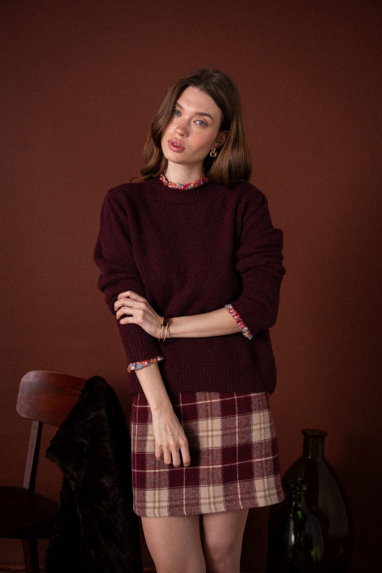 Jean burgundy floral trim reversible jumper