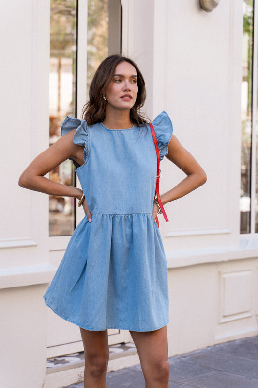 Martha denim frill sleeve short dress