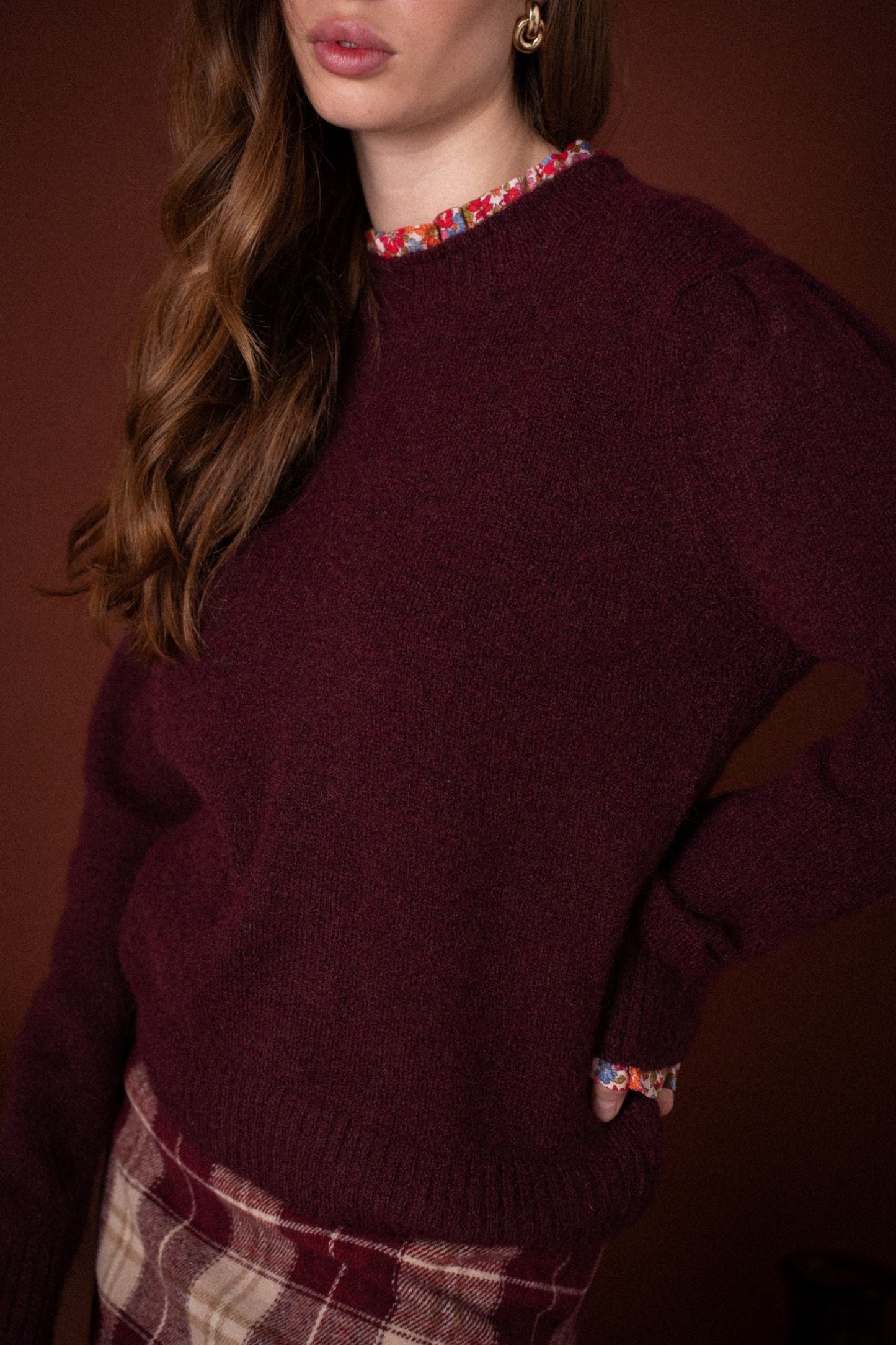 Jean burgundy floral trim reversible jumper