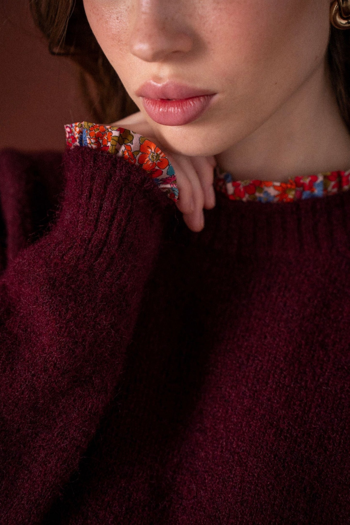 Jean burgundy floral trim reversible jumper