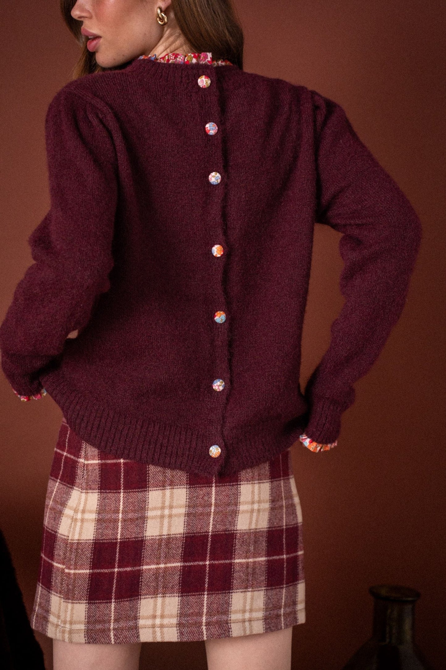 Jean burgundy floral trim reversible jumper