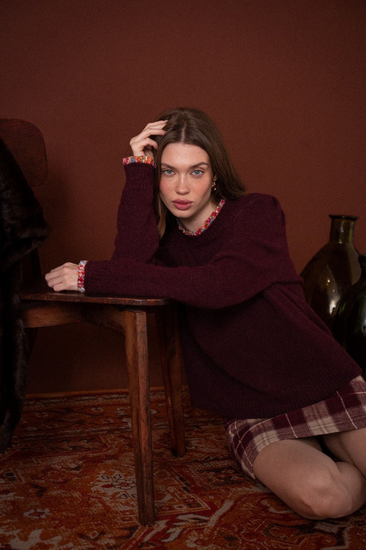 Jean burgundy floral trim reversible jumper