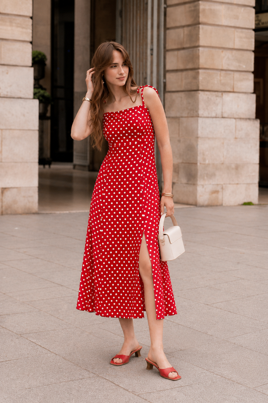 Mairead red polka dot strappy dress