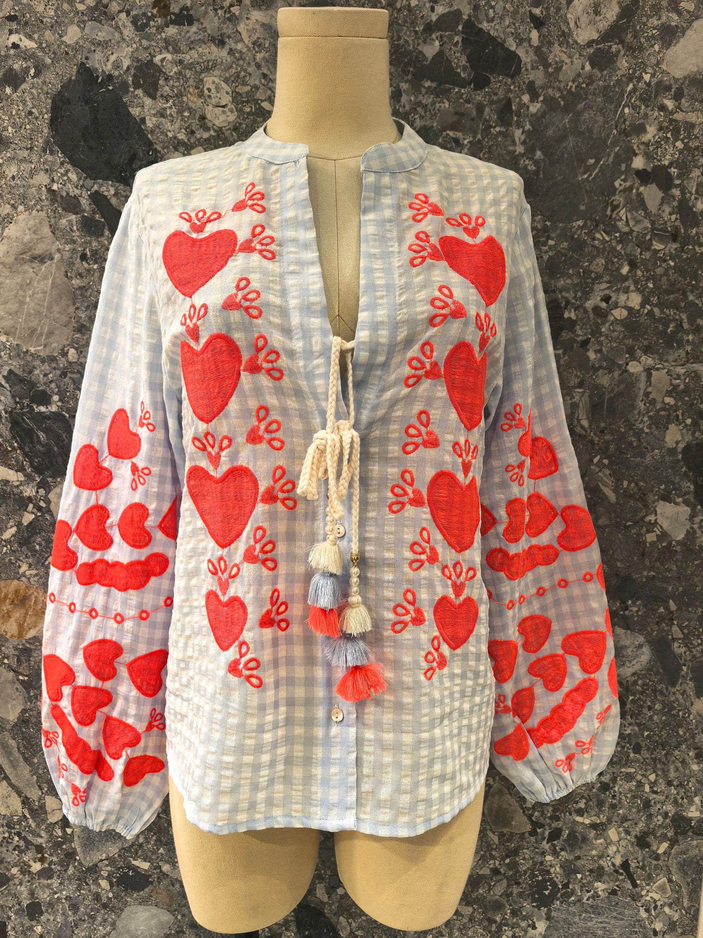 Julie gingham embroidered tassel blouse