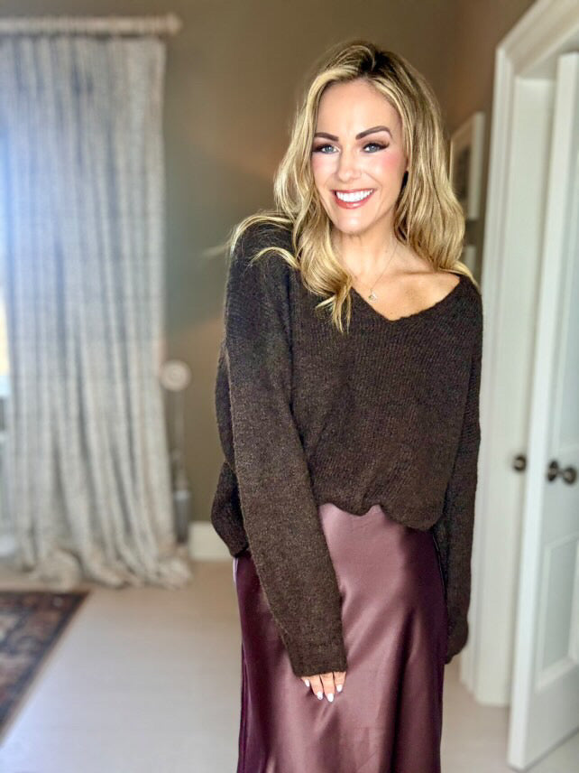 Chocolate brown v neck fluffy jumper