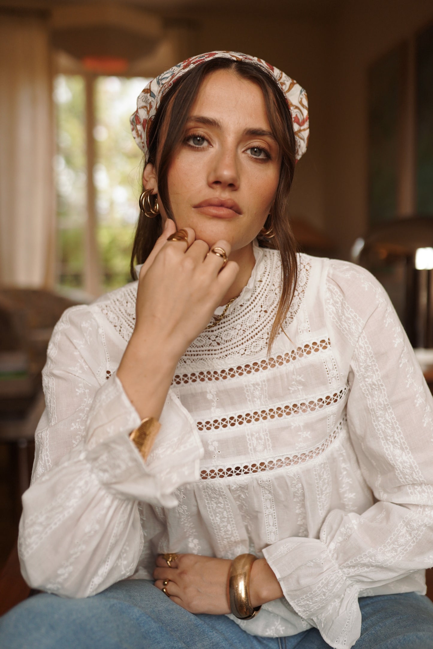 Maude ecru high neck embroidery boho blouse