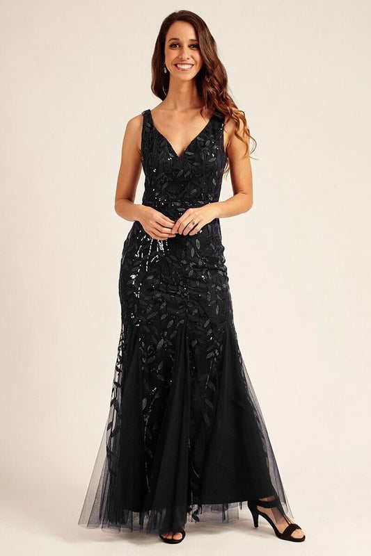 Aleah Sequin Leaf Design Tulle Fishtail Gown