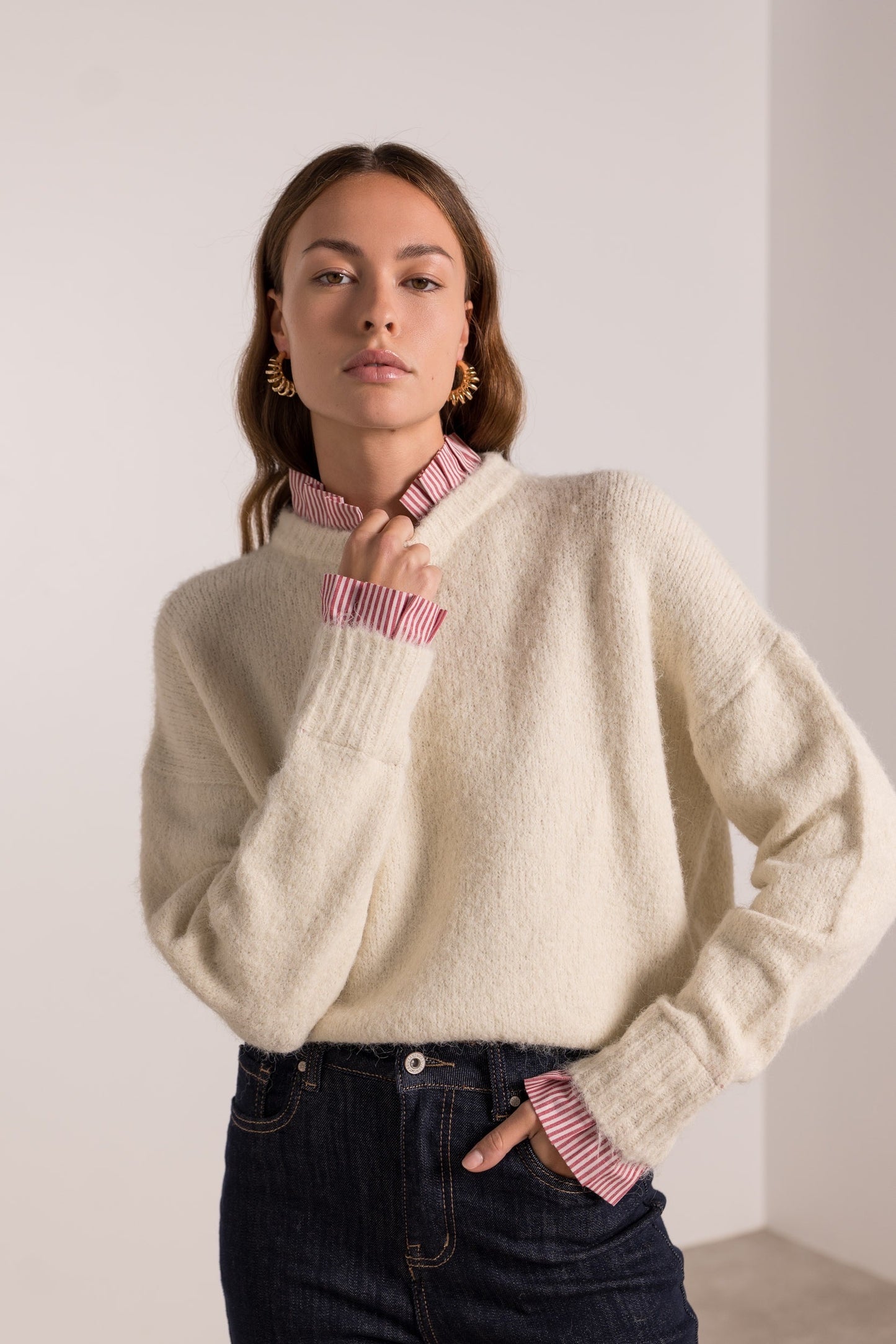 Maeve Ivory jumper with built in collar