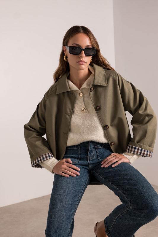 Ivy check cuff khaki short trench coat