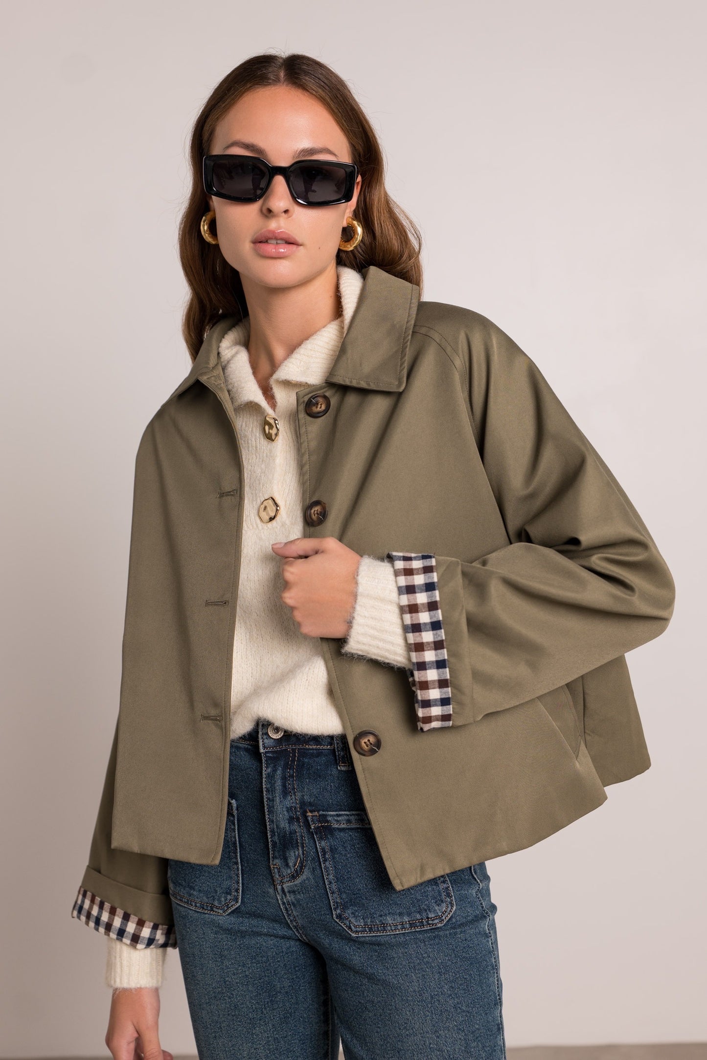 Ivy check cuff khaki short trench coat