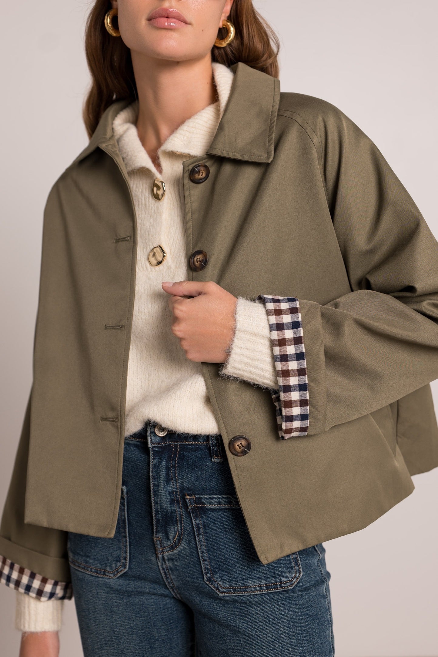 Ivy check cuff khaki short trench coat