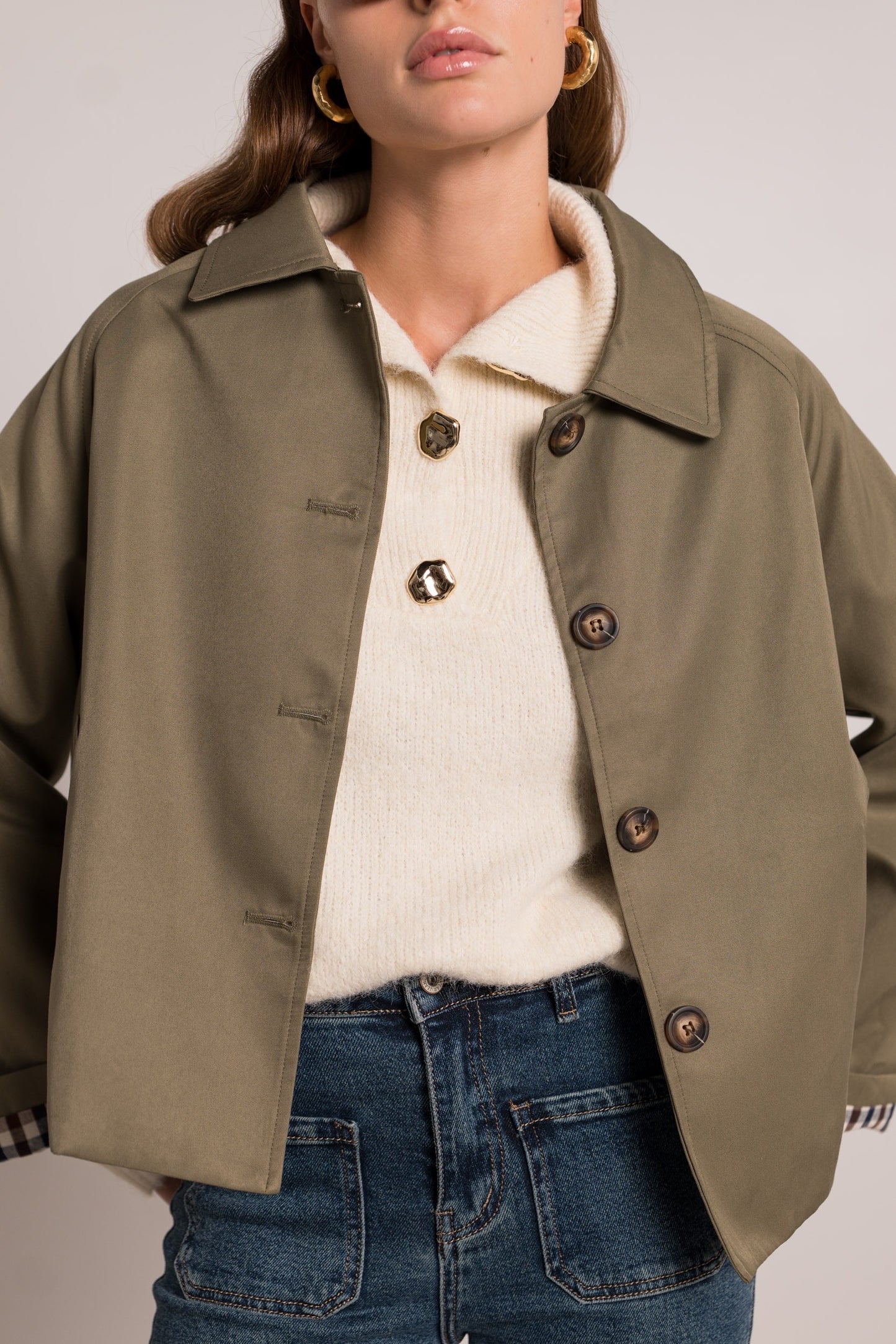 Ivy check cuff khaki short trench coat