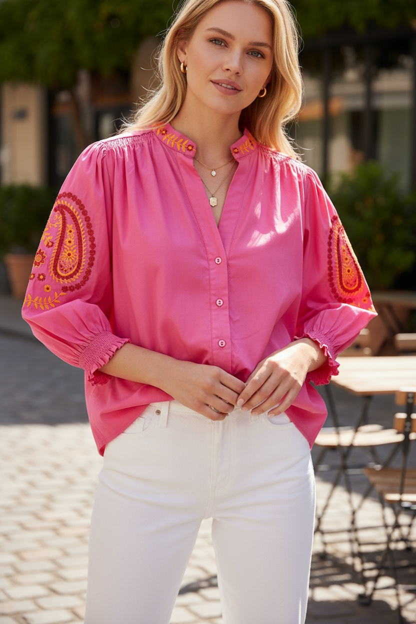 Laura red & pink balloon sleeve blouse