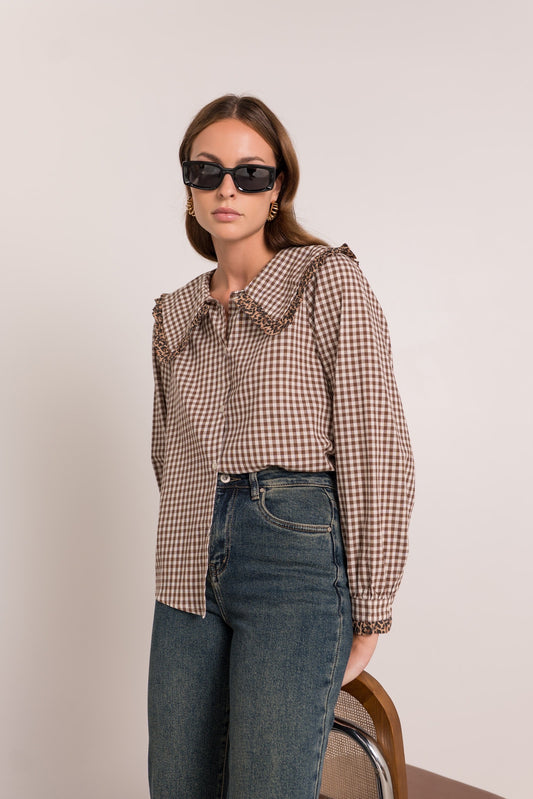 Ruby brown gingham leopard trim blouse