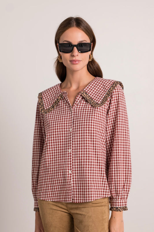 Ruby red gingham leopard trim blouse
