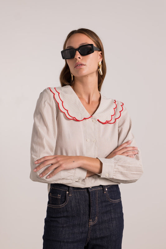Mairead red scalloped Peter Pan blouse