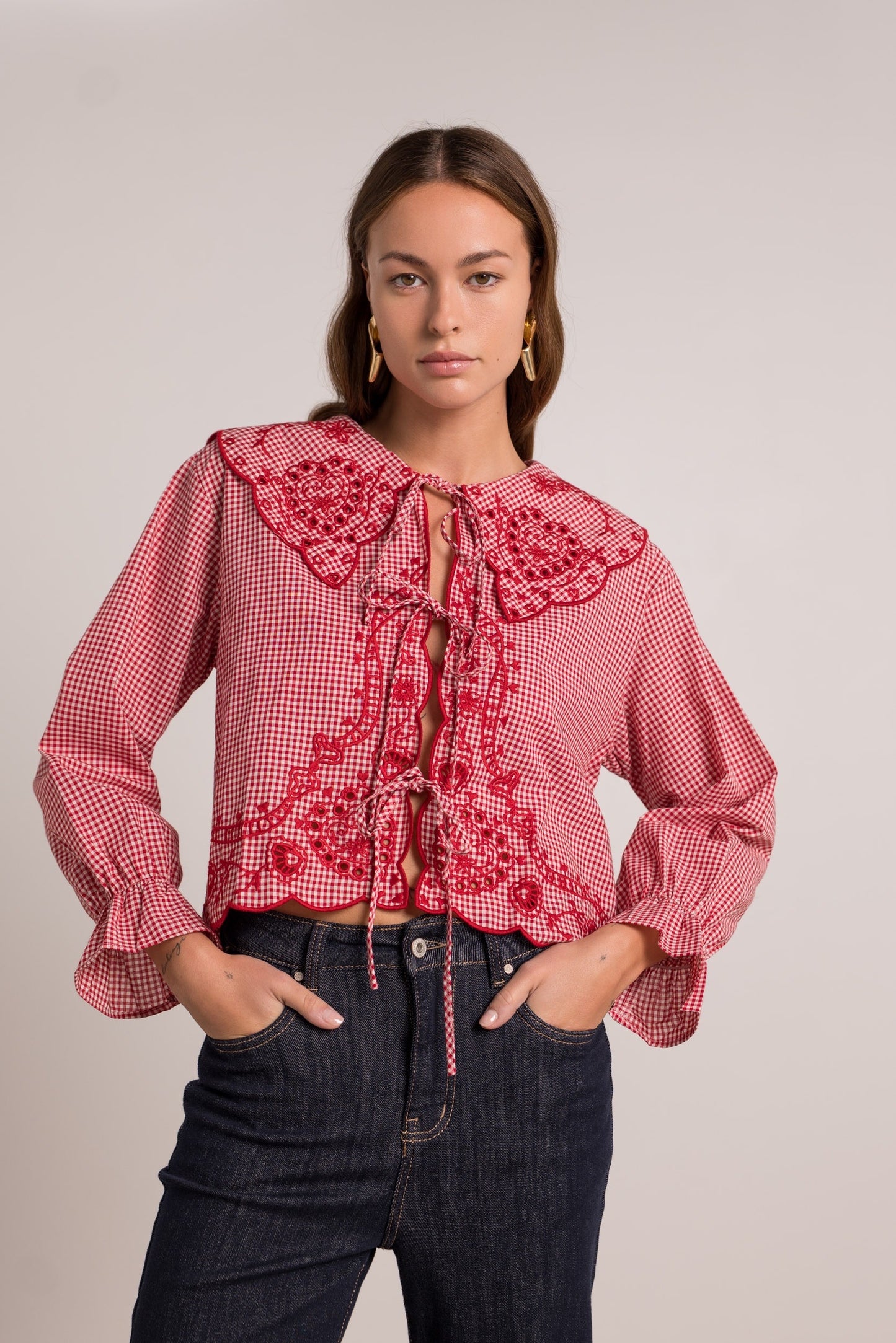 Maya red stripe Peter Pan collar blouse