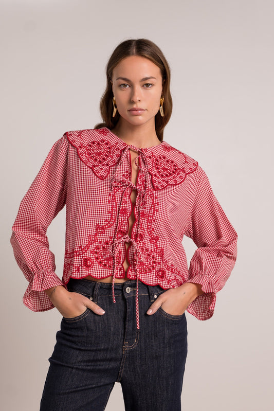 Maya red stripe Peter Pan collar blouse