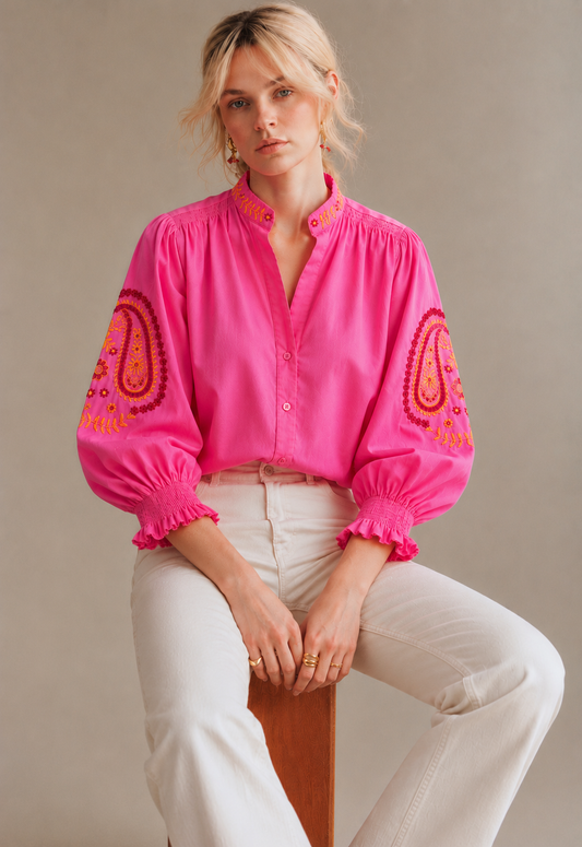 Laura red & pink balloon sleeve blouse