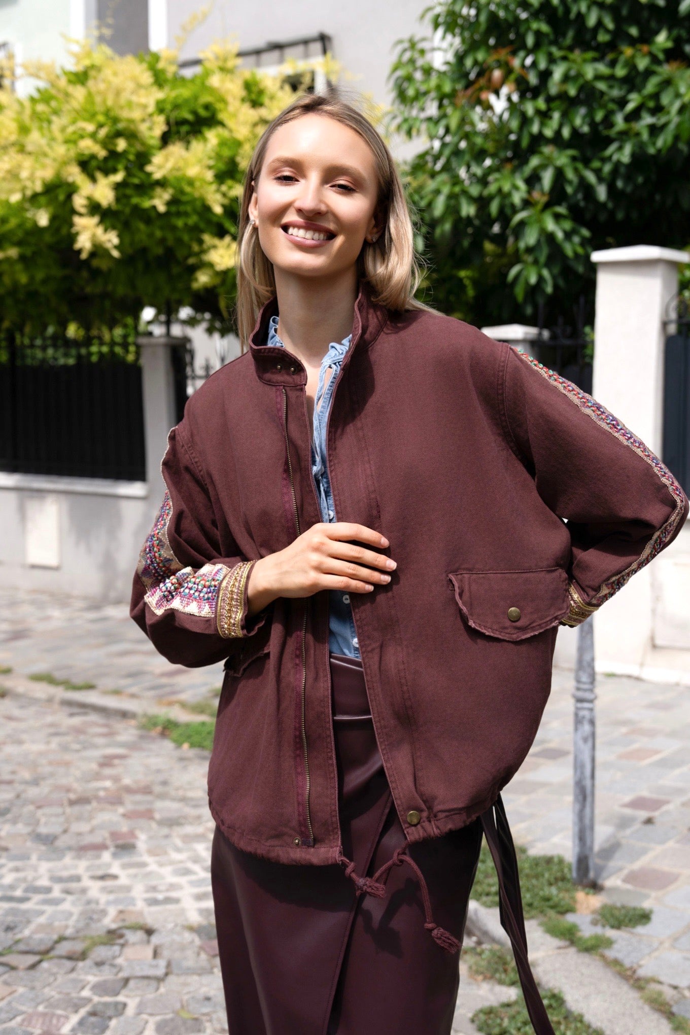 Alice burgundy denim embellished sleeve jacket
