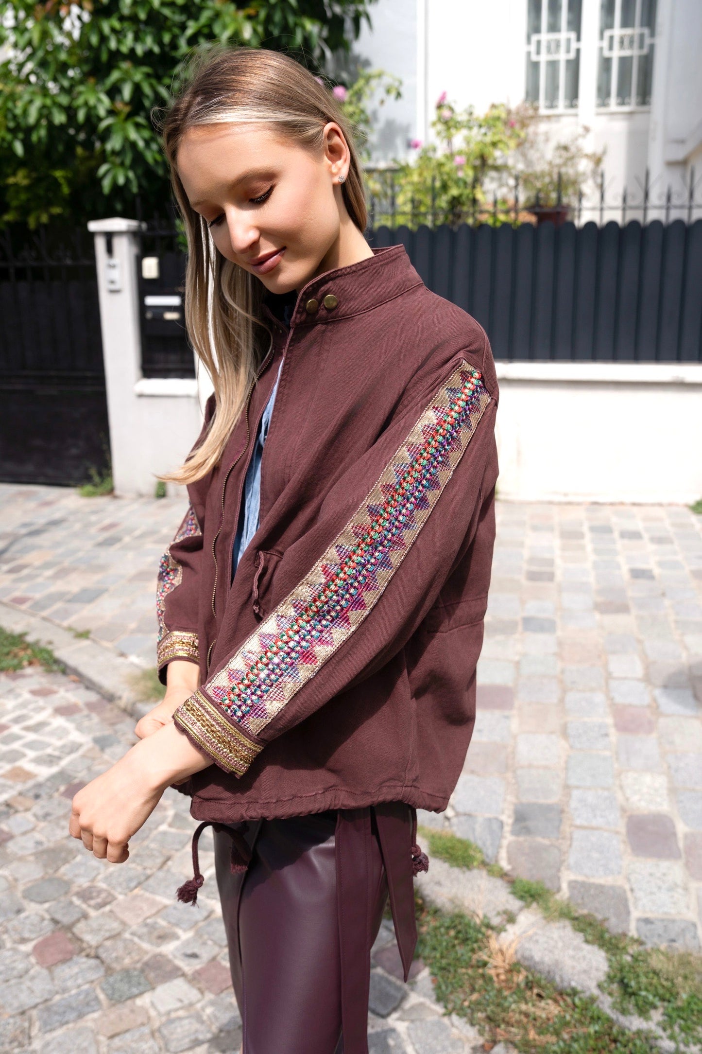 Alice burgundy denim embellished sleeve jacket