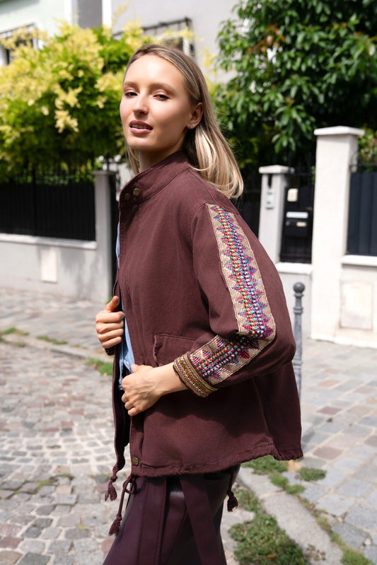 Alice burgundy denim embellished sleeve jacket