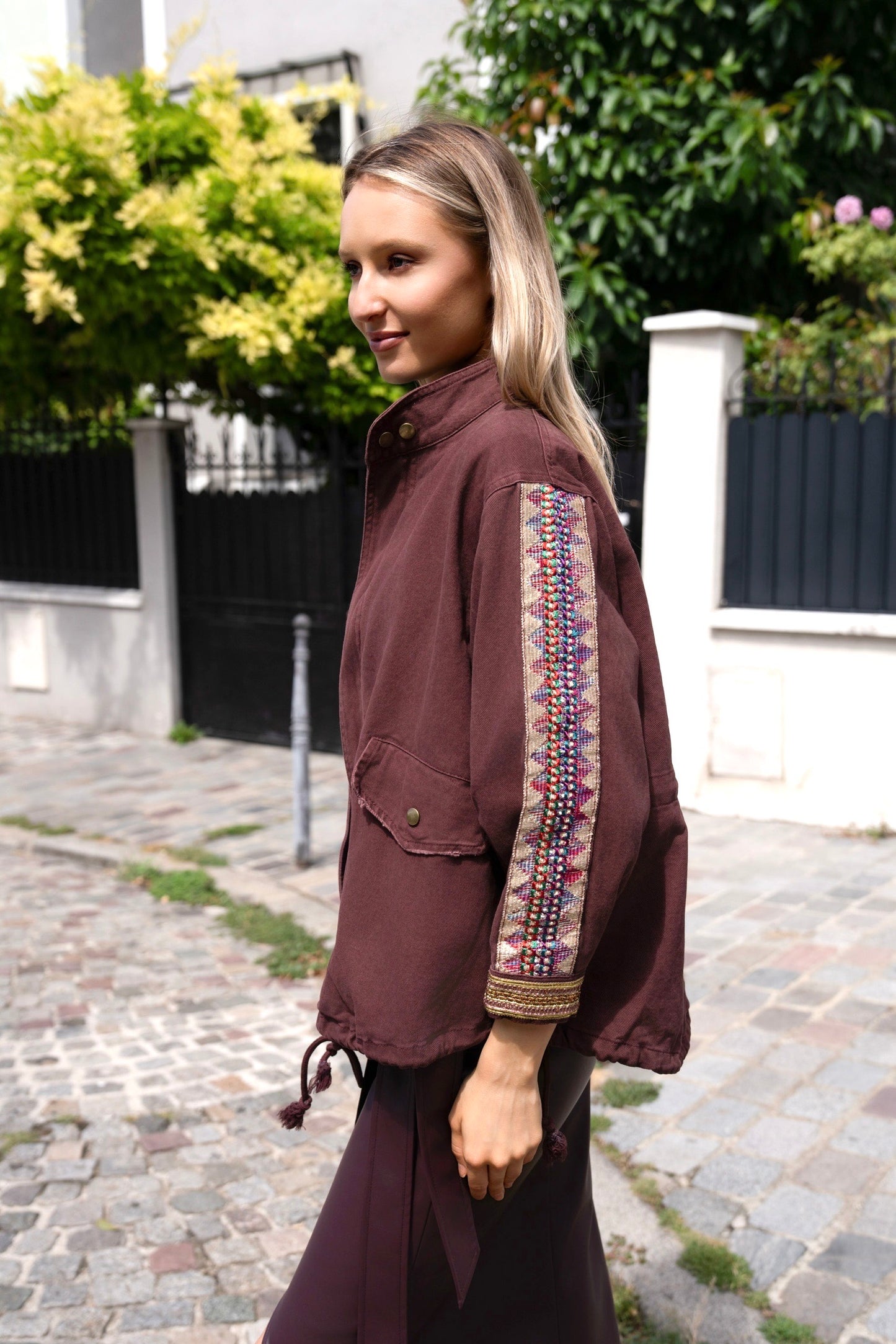 Alice burgundy denim embellished sleeve jacket
