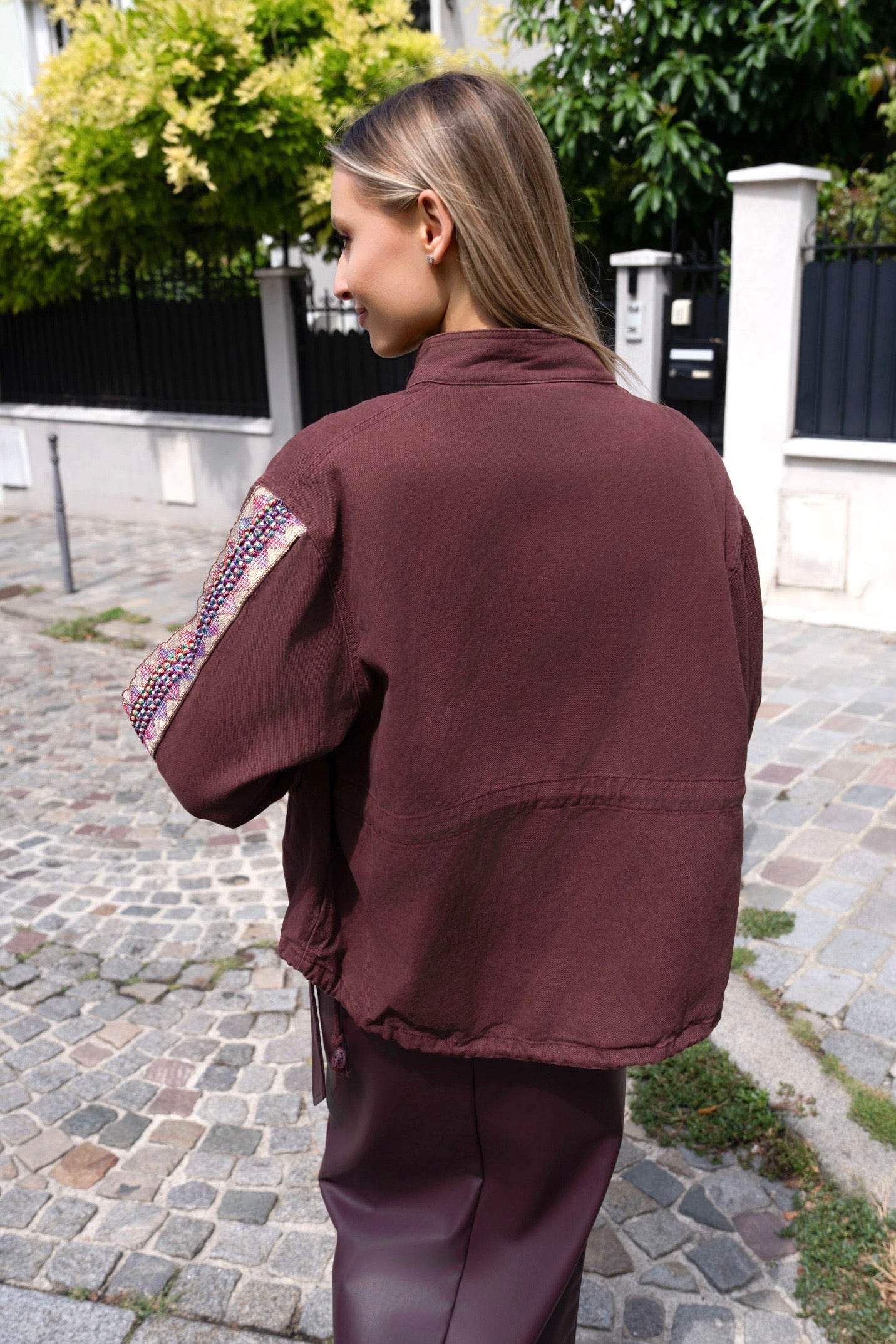 Alice burgundy denim embellished sleeve jacket