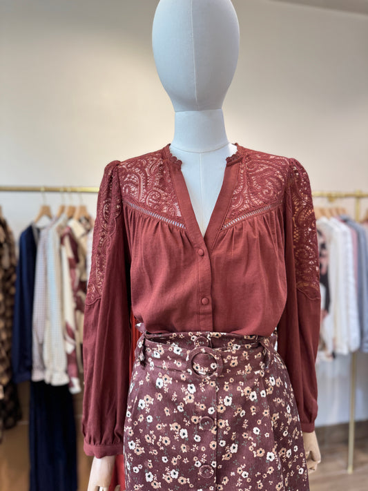 Scarlett rust lace embroidered blouse