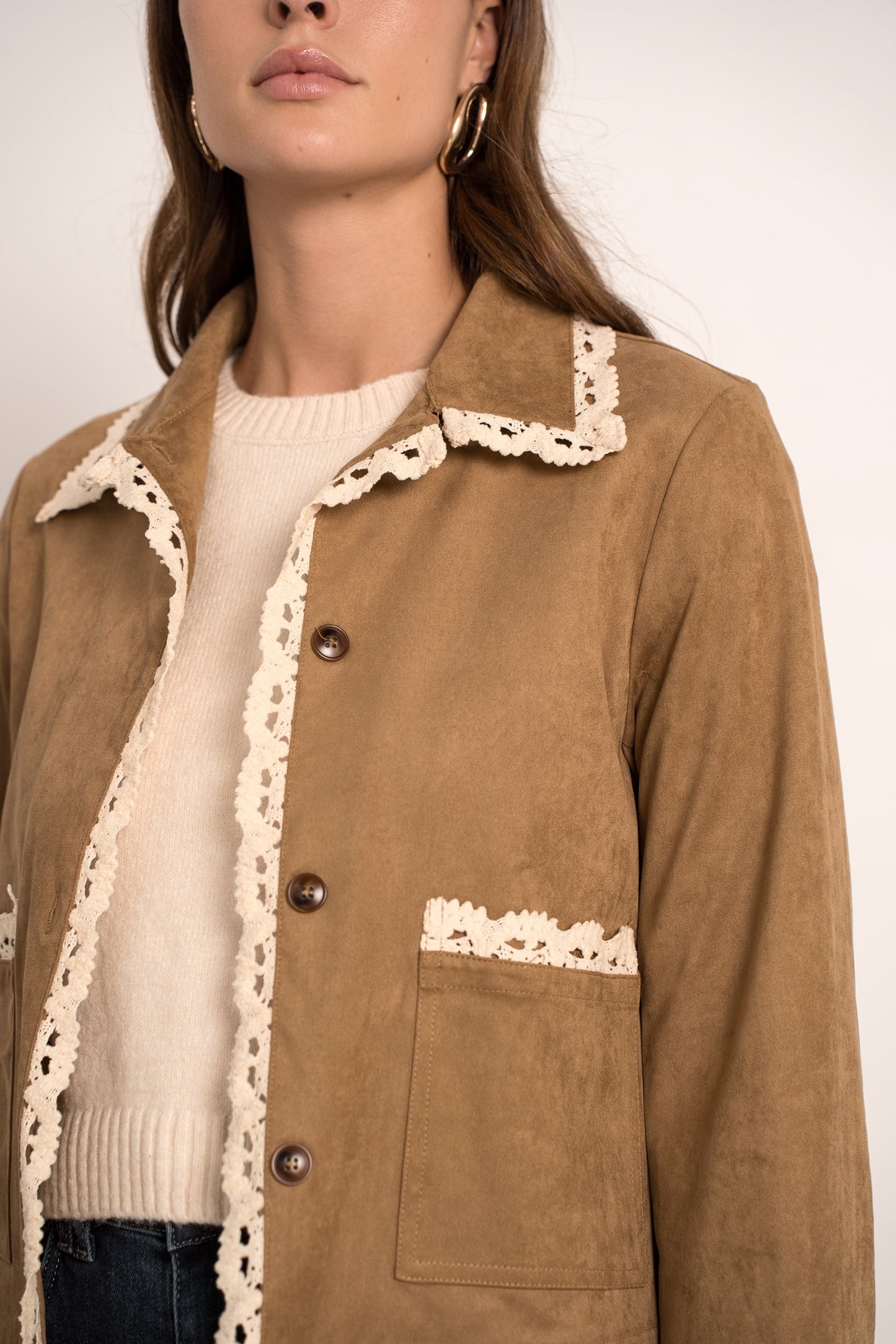 Chloe faux suede lace trim jacket