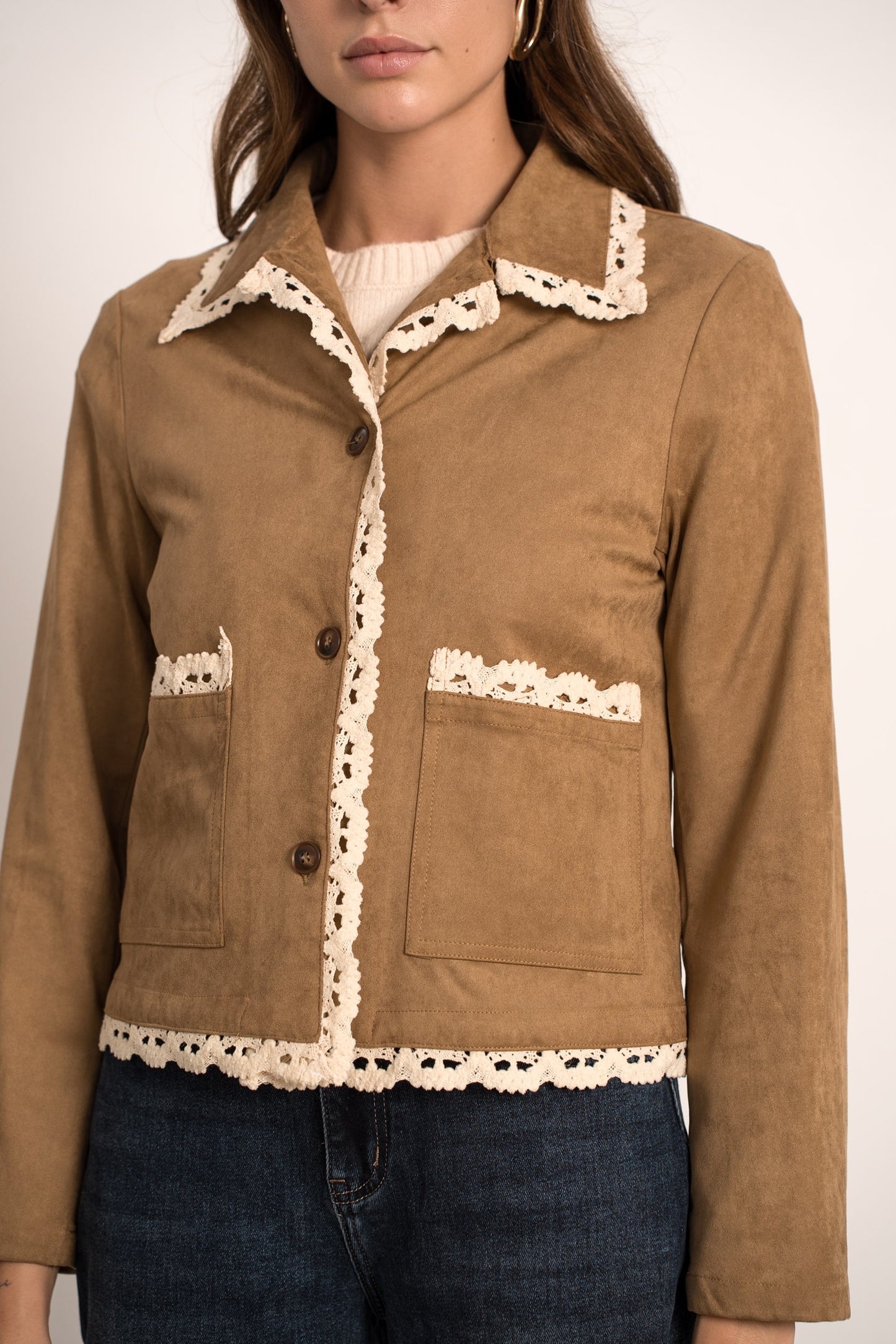 Chloe faux suede lace trim jacket