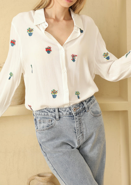 Flower garden white cotton blouse