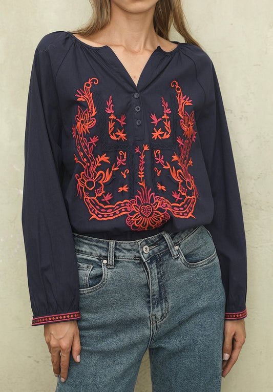 Harper navy pink floral boho blouse
